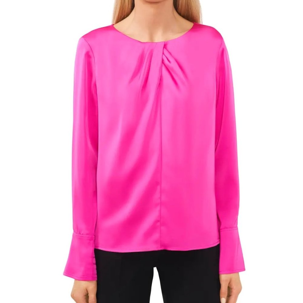 Halogen Twist Neck Hot Pink Satin Blouse, S
